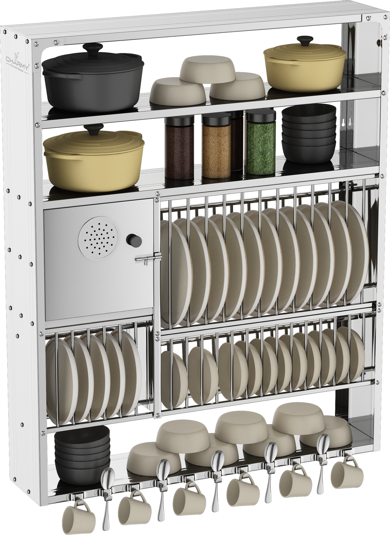 DDLX-4836 Stainless Steel Wall-Mounted Dish Rack with Multi-Tier Storage & Cup Hooks