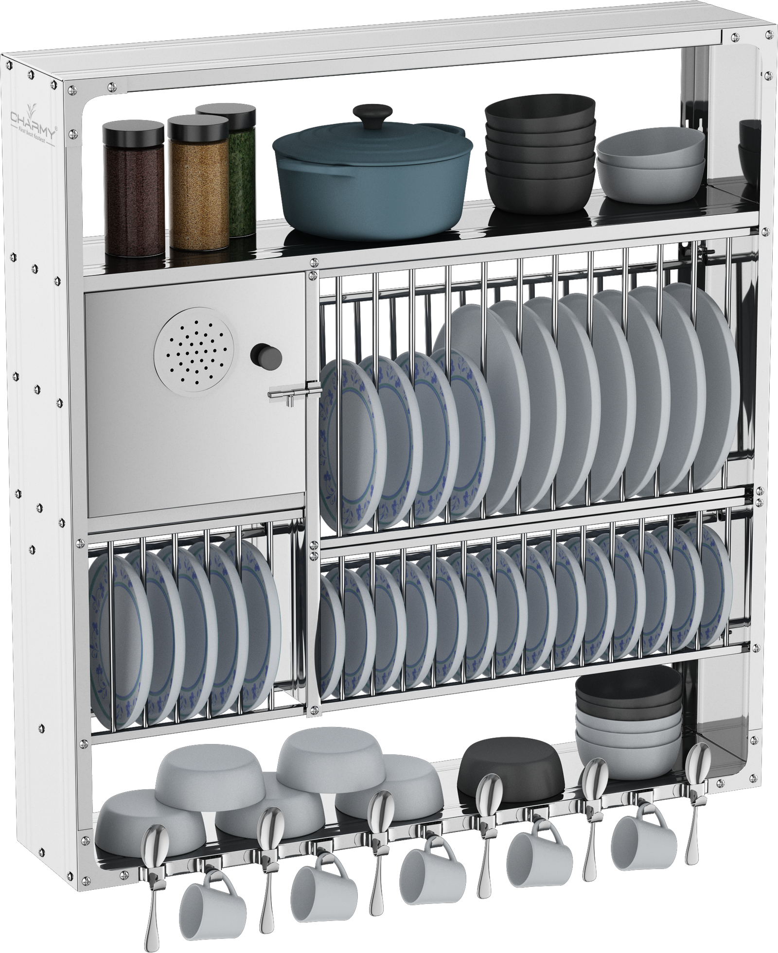 DDLX-3836 Stainless Steel Wall-Mounted Dish Rack with Multi-Tier Storage & Cup Hooks